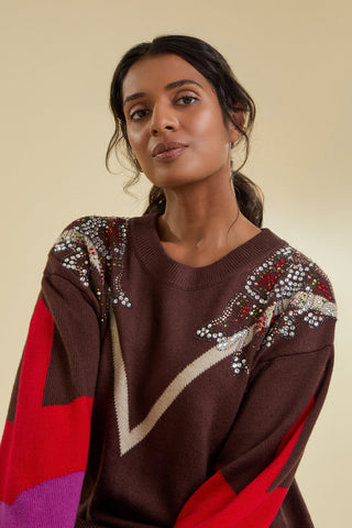 A woman modelling a brown knit sweater with colour-blocked sleeves in purple, red, and cream, featuring crystal shoulder embellishments, against a solid beige background.