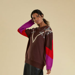 A woman modeling a brown knit sweater with color-blocked sleeves in purple, red, and cream, featuring crystal shoulder embellishments, against a solid beige background.
